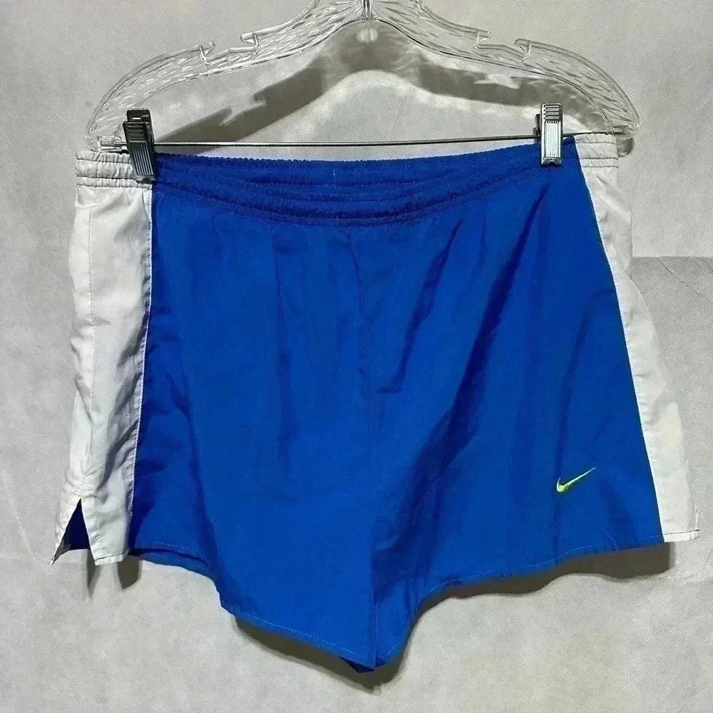 Women’s Nike Dri-Fit Running Shorts Blue White Sz Medium Neon Swoosh Logo Lined
